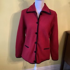 Alexandra Bartlett Pretty Red Wool Cardigan with Black Velvet Trim & Pockets M